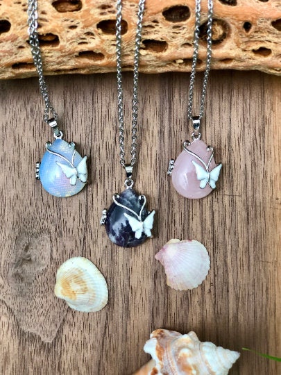 Butterfly Wrapped Crystal Necklace - Rose Quartz, Opalite, Amethyst - Crystal Jewelry - Gift For Mom