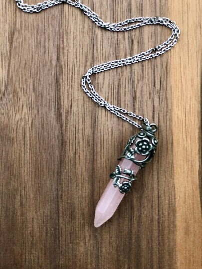 Rose Quartz Crystal Necklace - Flower Wrapped Crystal - Crystal of Love and Balance - Gift For Mom