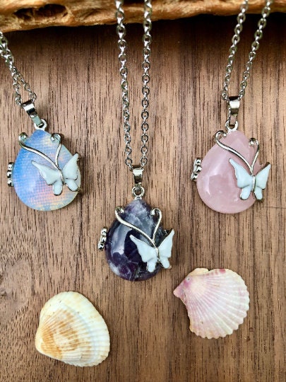 Butterfly Wrapped Crystal Necklace - Rose Quartz, Opalite, Amethyst - Crystal Jewelry - Gift For Mom