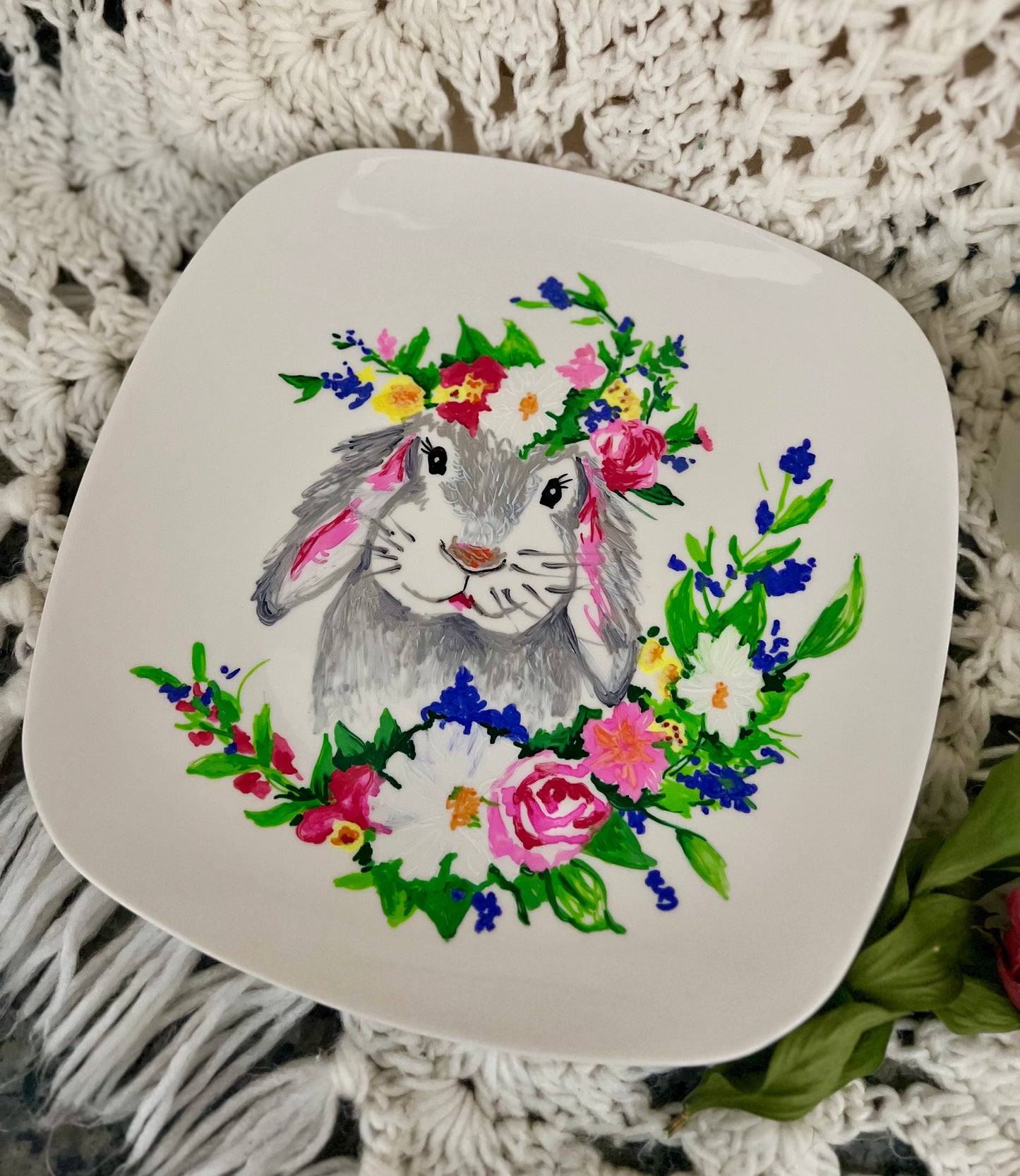 Hand Painted Serving Plate- Wall Plates - Spring Decor - Gift For Mom - Gift For Grandma - Gift For Her- Bunny Gifts - Rabbit - Wild Flowers