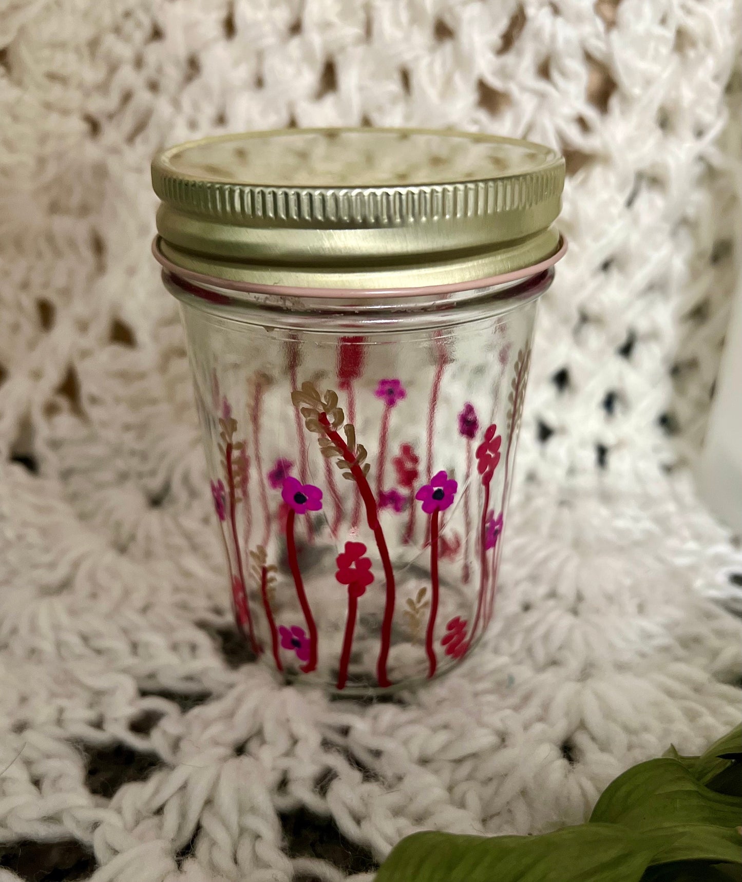 Spring Time Flowers - Hand Painted- Glass Jar- Repurposed- Storage - Organizer- Gift For Mom