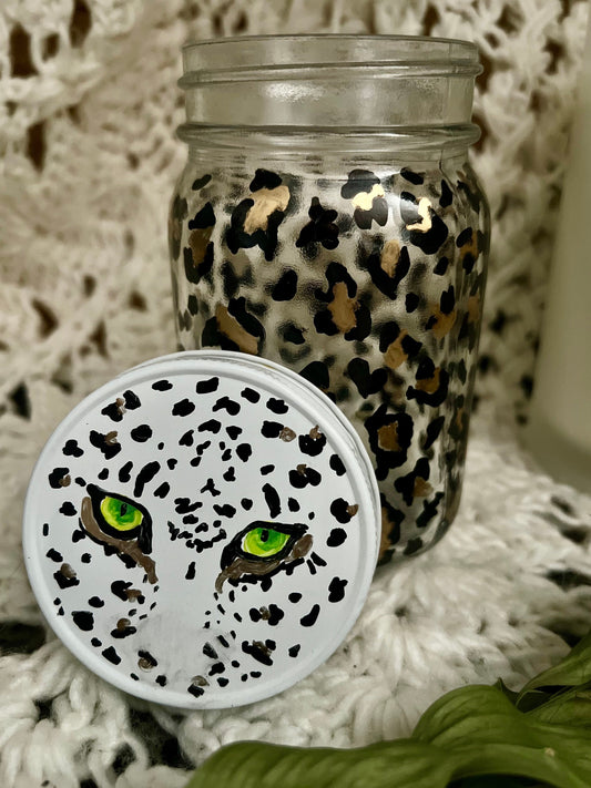 Leopard Print- Hand Painted- Glass Jar- Repurposed- Storage - Organizer- Gift For Mom