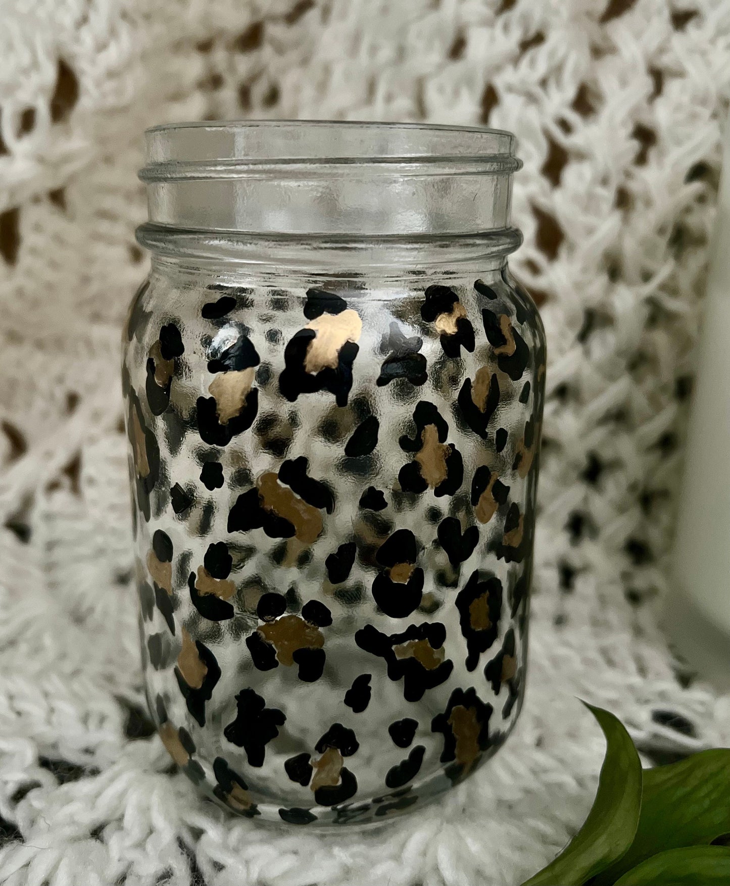 Leopard Print- Hand Painted- Glass Jar- Repurposed- Storage - Organizer- Gift For Mom