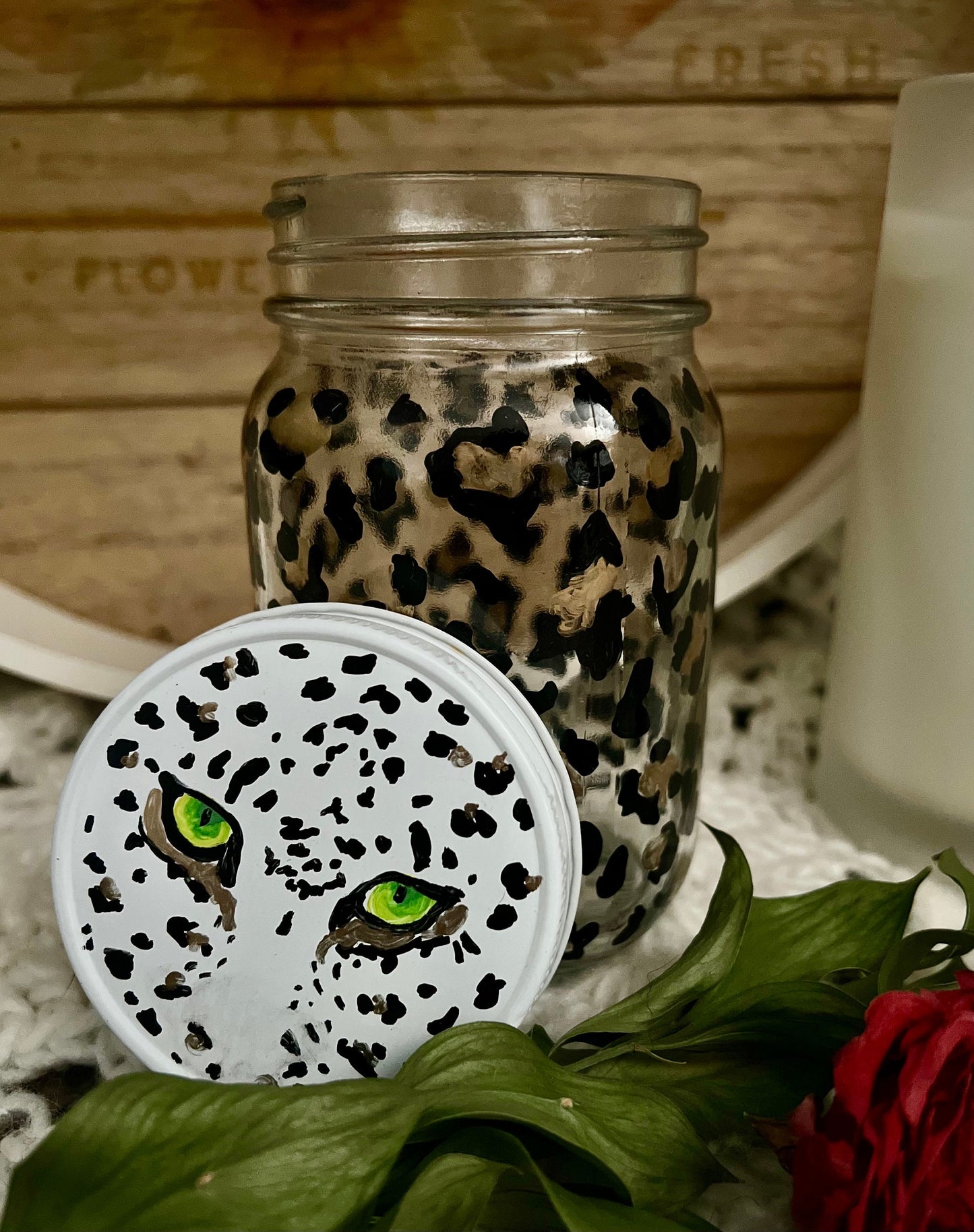 Leopard Print- Hand Painted- Glass Jar- Repurposed- Storage - Organizer- Gift For Mom