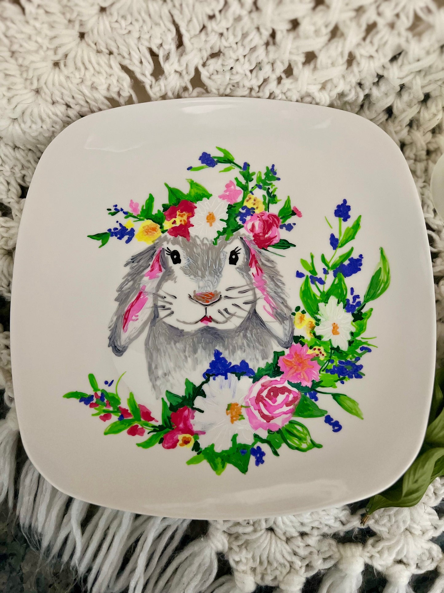 Hand Painted Serving Plate- Wall Plates - Spring Decor - Gift For Mom - Gift For Grandma - Gift For Her- Bunny Gifts - Rabbit - Wild Flowers