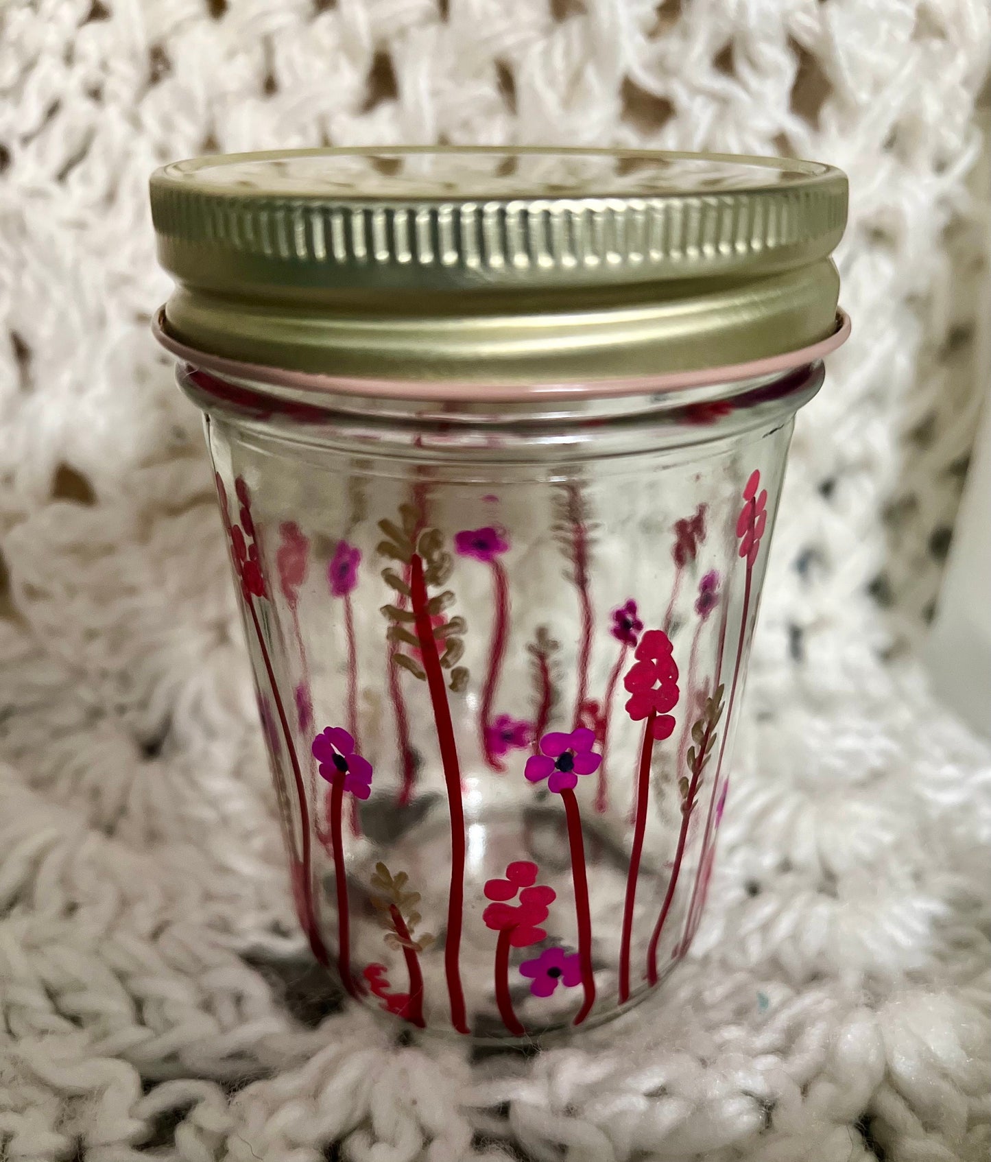 Spring Time Flowers - Hand Painted- Glass Jar- Repurposed- Storage - Organizer- Gift For Mom