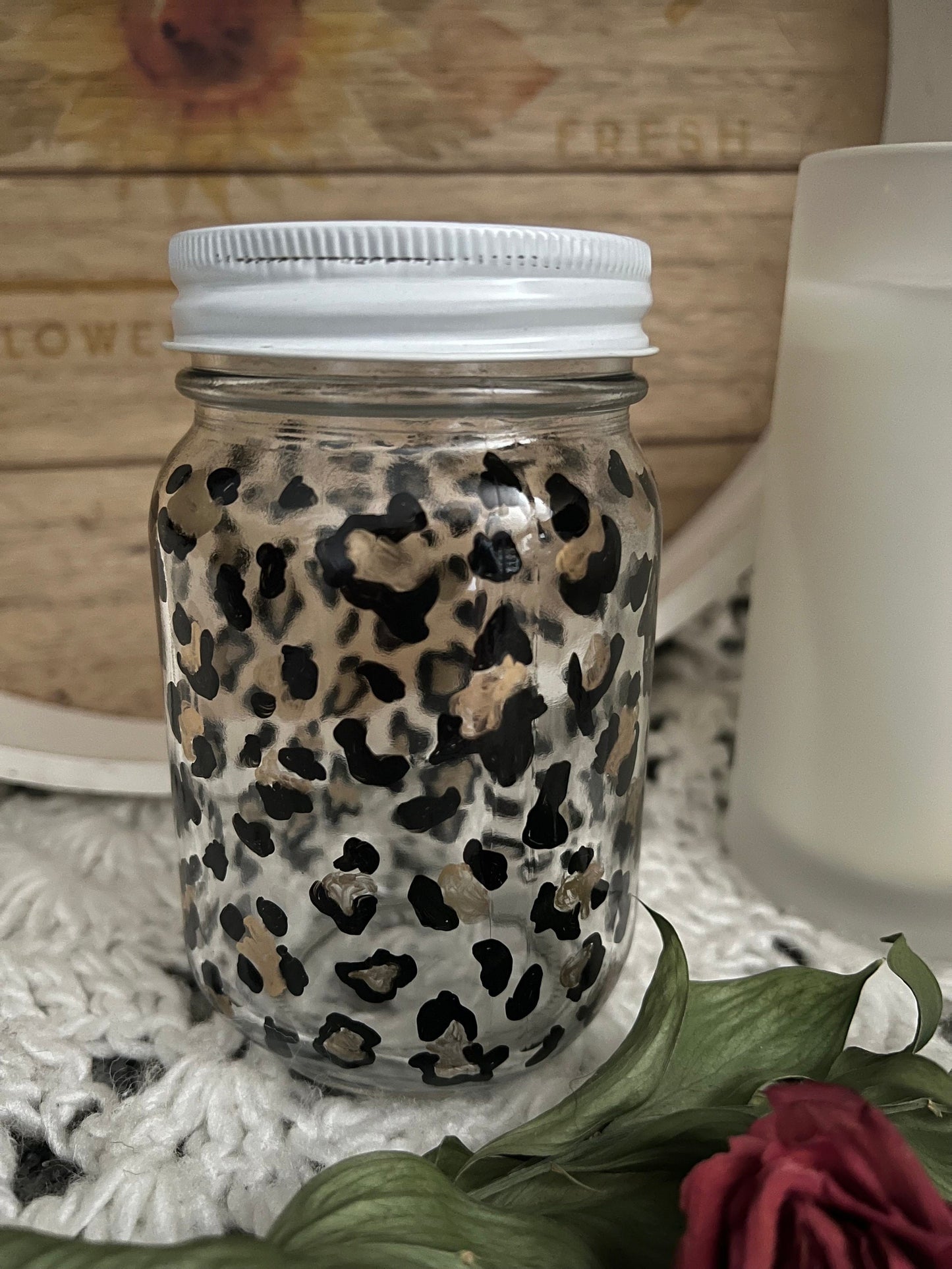 Leopard Print- Hand Painted- Glass Jar- Repurposed- Storage - Organizer- Gift For Mom