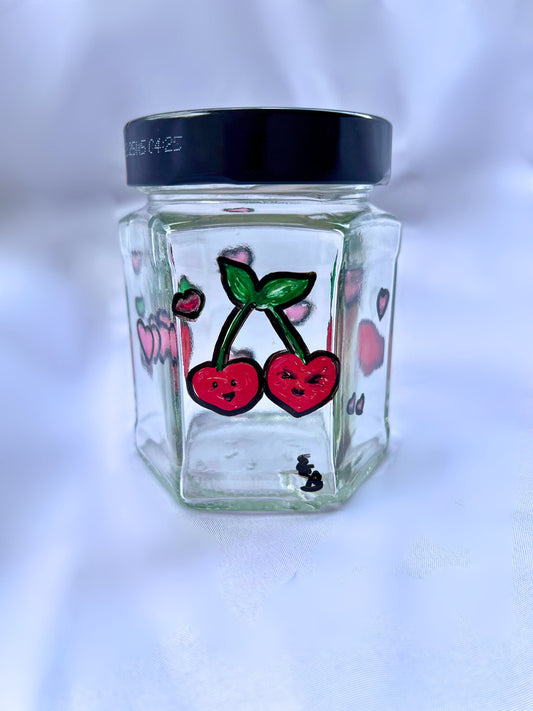 Cherries in love- Hand Painted- Glass Jar For Seeds- Repurposed- Minimalist Storage - Organizer  - Gardener Gift - Gift For Mom