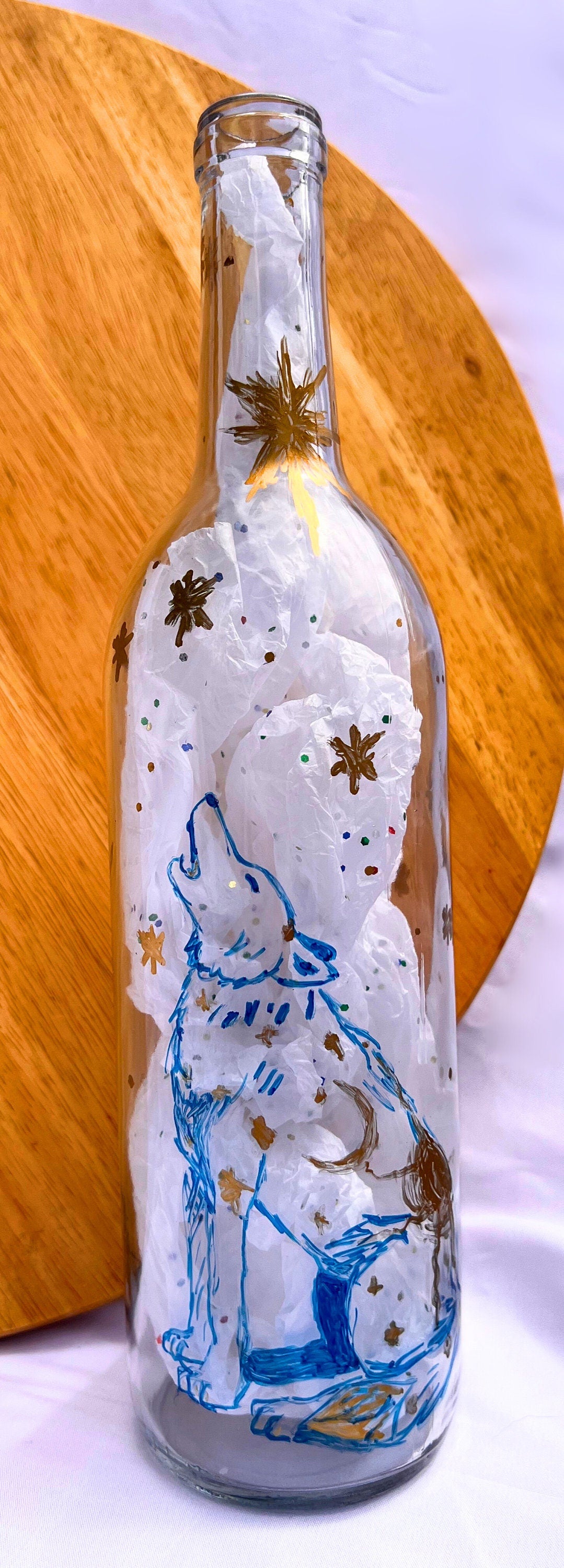 Hand painted-Wolf bottle-Howling Wolf Decor-Stars and Moon-Gift for Animal Lover-Customizable bottles-Repurposed Wine Bottles-Glass Jars