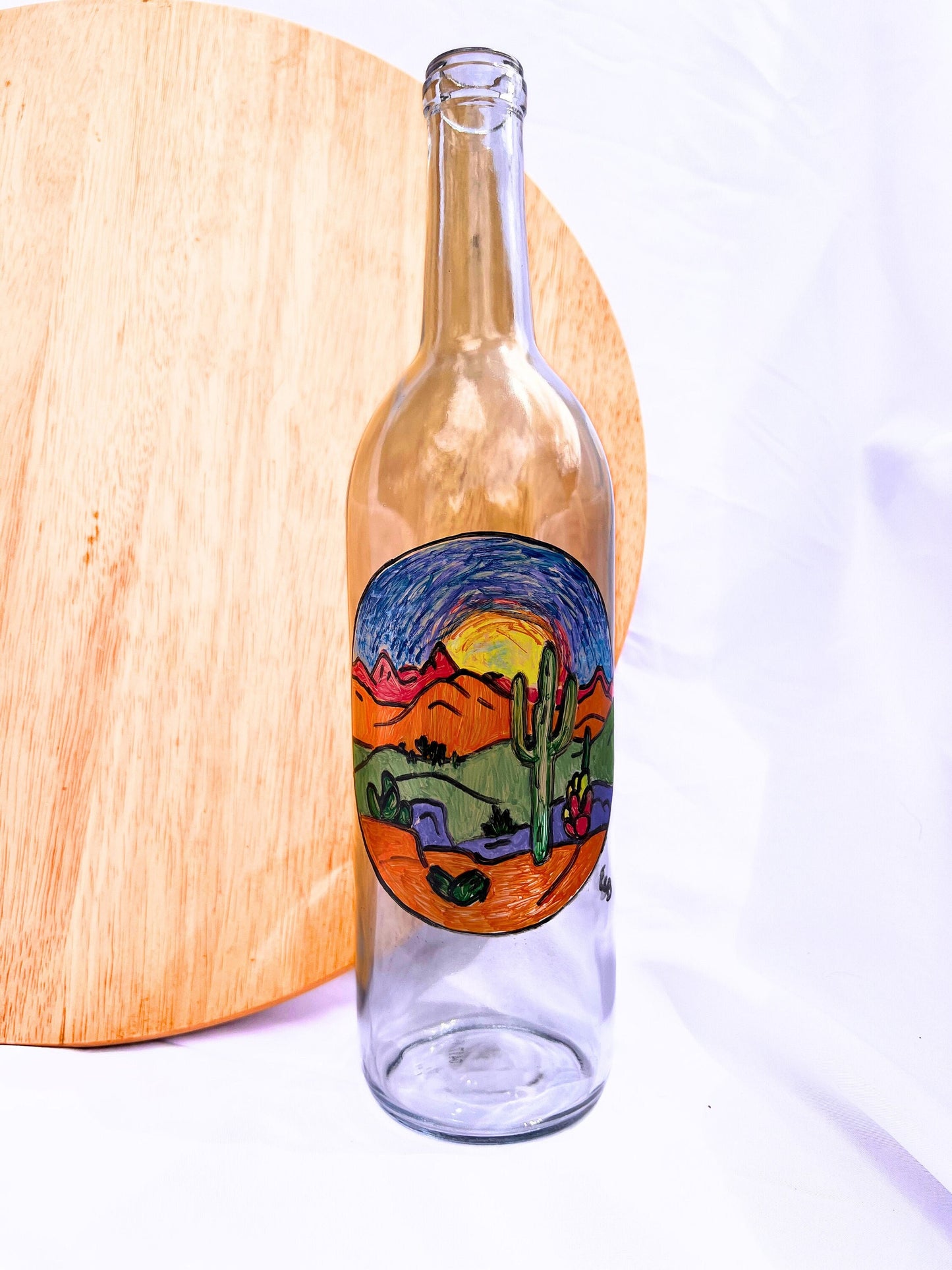 Hand painted-Desert wine bottle-Cactus Art-Arizona Inspired-Gift for Wine Lover-Wine Collection-Personalized Wine Bottles-Sunset Art-Mantel