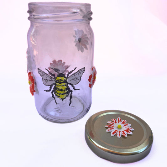 Honey Bee Garden Jar- Hand Painted- Glass Jar- Save the Bees- Jar with Flowers- Repurposed- Storage - Organizer- Gift For Mom- Gift for Her