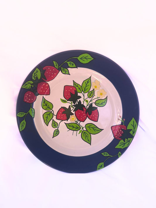 Hand Painted Serving Plate-Wall Plates-Host Gift -Gift For Mom-Gift For Grandma - Gift For Her-Fruit Plate- Strawberry Vine- Wild Flowers