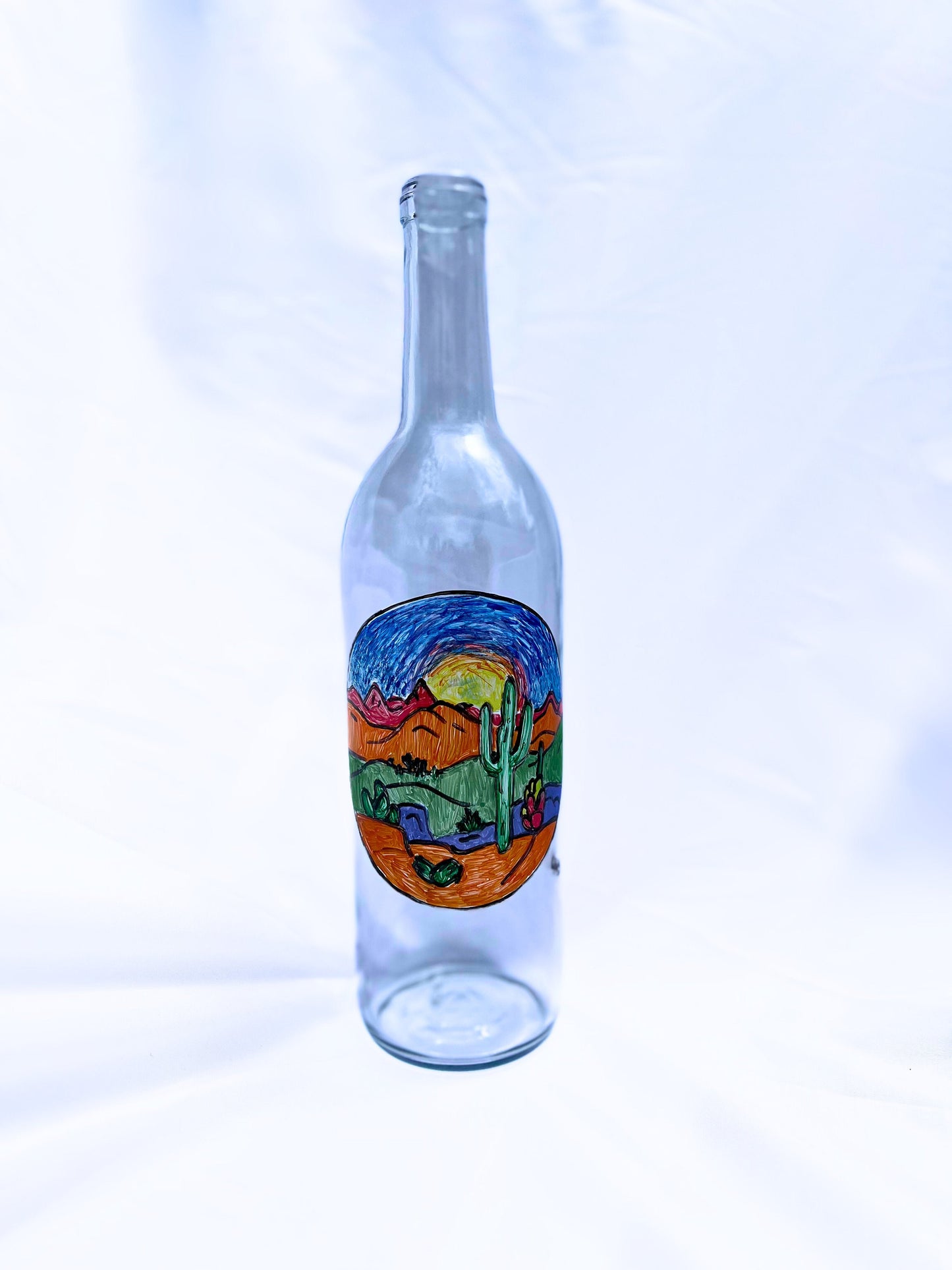 Hand painted-Desert wine bottle-Cactus Art-Arizona Inspired-Gift for Wine Lover-Wine Collection-Personalized Wine Bottles-Sunset Art-Mantel