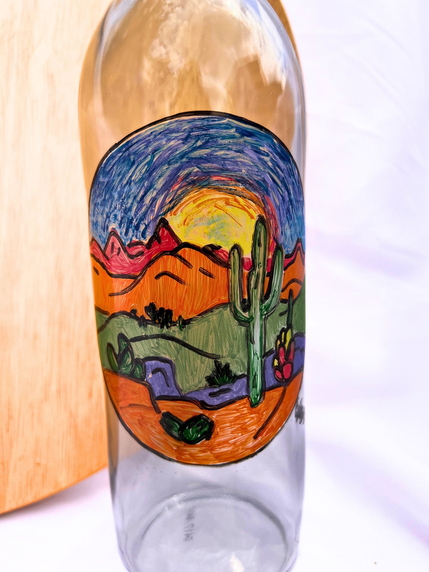 Hand painted-Desert wine bottle-Cactus Art-Arizona Inspired-Gift for Wine Lover-Wine Collection-Personalized Wine Bottles-Sunset Art-Mantel